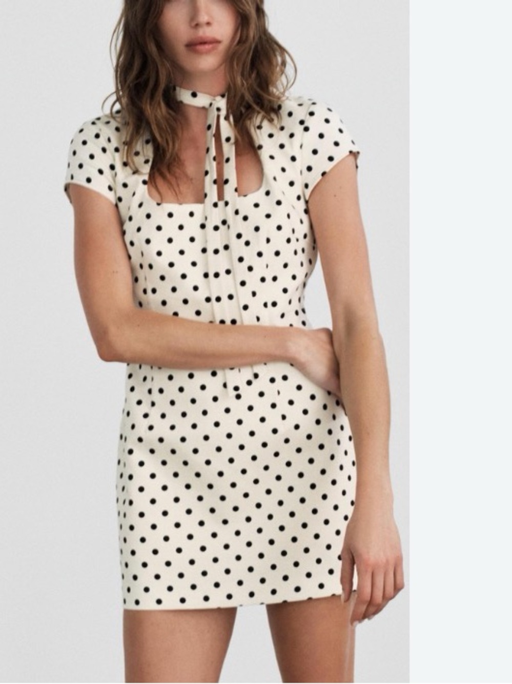 Zara Cream Mini Dress with Black Polka Dots and Tie Neck